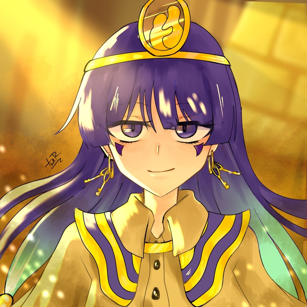 1girl blue_eyes blue_hair blunt_bangs blurry blurry_background brown_shirt earrings facial_tattoo fossilized_wonders jewelry long_hair looking_at_viewer michigami_nareko shirt smile solo tattoo thewhiteredros1 touhou