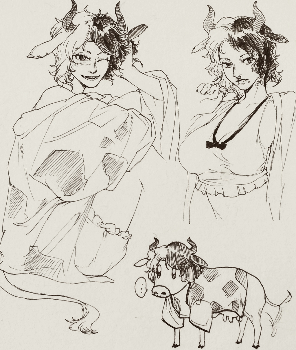 ... 1girl animal_ears animal_print animalization black_hair boned-woo breasts cleavage cow cow_ears cow_girl cow_horns cow_print cow_tail frilled_shirt frilled_shorts frills hatching_(texture) highres horns large_breasts looking_at_viewer mismatched_animal_ear_colors multicolored_hair one_eye_closed open_mouth shirt shorts smile split-color_hair spoken_ellipsis tail tail_wagging touhou two-tone_hair ushizaki_urumi