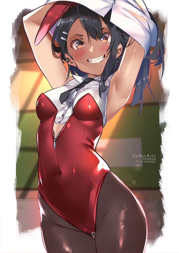 1girl animal_ears archerfish_(coquettish_bunny)_(azur_lane) armpits arms_up azur_lane bad_id bad_pixiv_id black_hair black_necktie black_pantyhose blush border breasts brown_eyes commentary cosplay covered_navel cowboy_shot curvy dark-skinned_female dark_skin detached_collar earrings fake_animal_ears fangs fishnets gluteal_fold grin hair_ornament hairclip ijiranaide_nagatoro-san indoors jewelry leotard long_hair looking_at_viewer medium_breasts nagatoro_hayase necktie pantyhose playboy_bunny rabbit_ears shiny_clothes short_necktie small_breasts smile solo standing sydus teeth undressing white_border