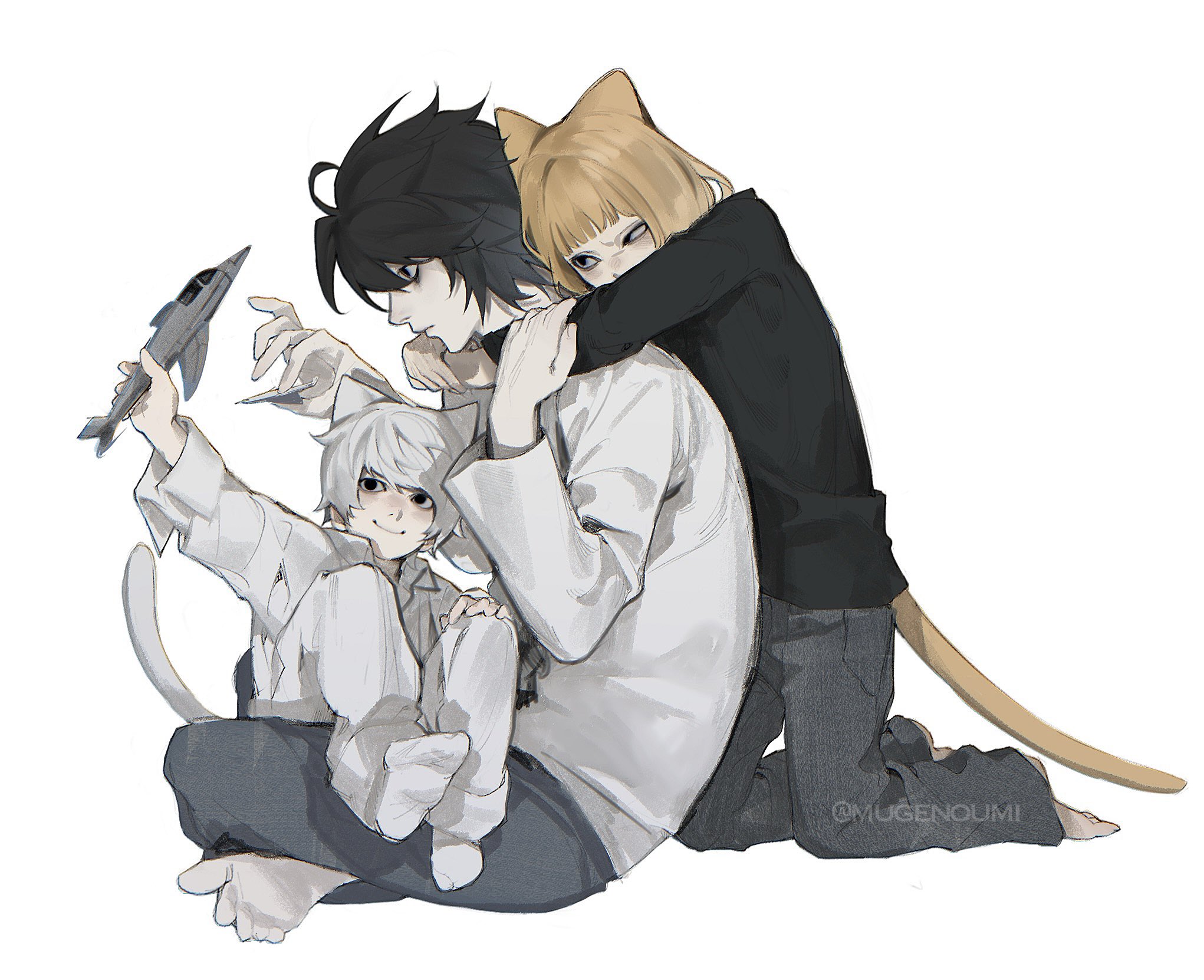 3boys animal_ears arms_around_neck bags_under_eyes barefoot black_hair black_shirt blonde_hair blunt_bangs bob_cut cat_boy cat_ears cat_tail child collared_shirt death_note full_body furrowed_brow grey_pants hair_between_eyes highres holding holding_toy indian_style kemonomimi_mode kneeling l_(death_note) long_sleeves male_focus mello_(death_note) messy_hair multiple_boys near_(death_note) pants shirt short_hair sitting sitting_on_lap sitting_on_person smile tail toy toy_airplane twitter_username white_background white_hair white_shirt yaoi yoonmiumi