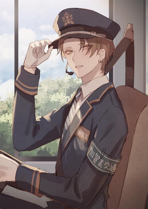 1boy adjusting_clothes adjusting_headwear arm_up armband black_hat black_jacket brown_eyes brown_hair cloud collared_shirt commentary_request hat headset jacket kagami_hayato lapels layered_sleeves long_sleeves looking_to_the_side male_focus nijisanji peaked_cap sc_0401 seatbelt shirt sideways_glance sitting sky solo suit_jacket train_interior tree virtual_youtuber white_shirt window wing_collar