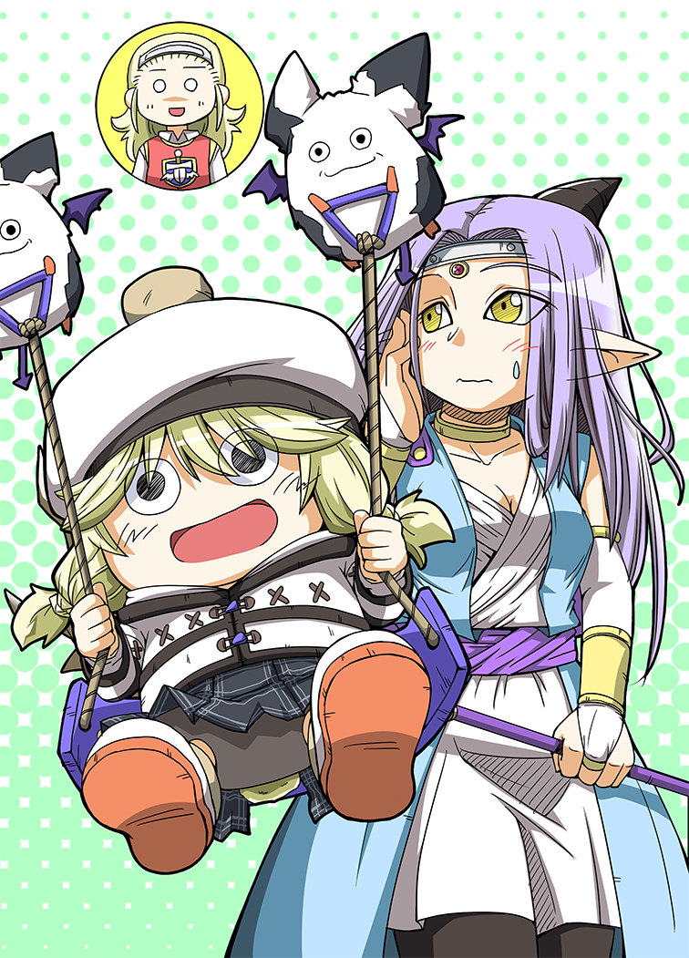 3girls anlucea blonde_hair blue_skirt breasts chibi cleavage closed_mouth collarbone creature dragon_quest dragon_quest_x estella_(dq10) hat holding holding_staff long_hair teeny_sanguini multiple_girls nitoro_(nasenaru) open_mouth pointy_ears puklipo pukuripo_(dq10) purple_hair skirt smile staff sweatdrop white_hat yellow_eyes
