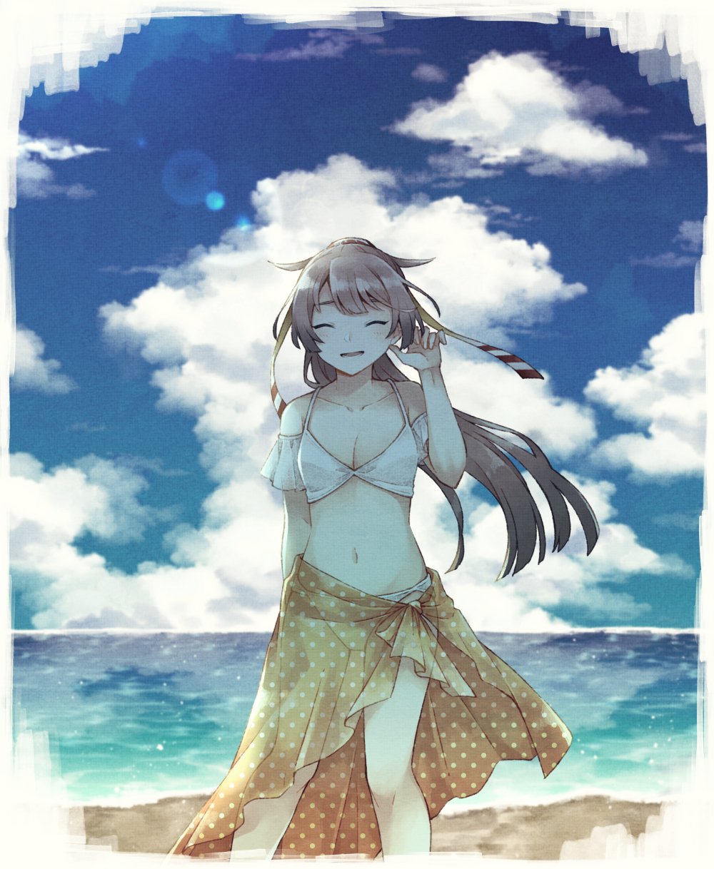 1girl beach bikini breasts brown_hair cleavage closed_eyes cloud day hair_ribbon highres kantai_collection kazagumo_(kancolle) kazagumo_kai_ni_(kancolle) kazagumo_kai_ni_(swimsuit)_(kancolle) long_hair miroku_san-ju ocean open_mouth outdoors polka_dot ponytail ribbon sarong sky small_breasts solo swimsuit water white_bikini