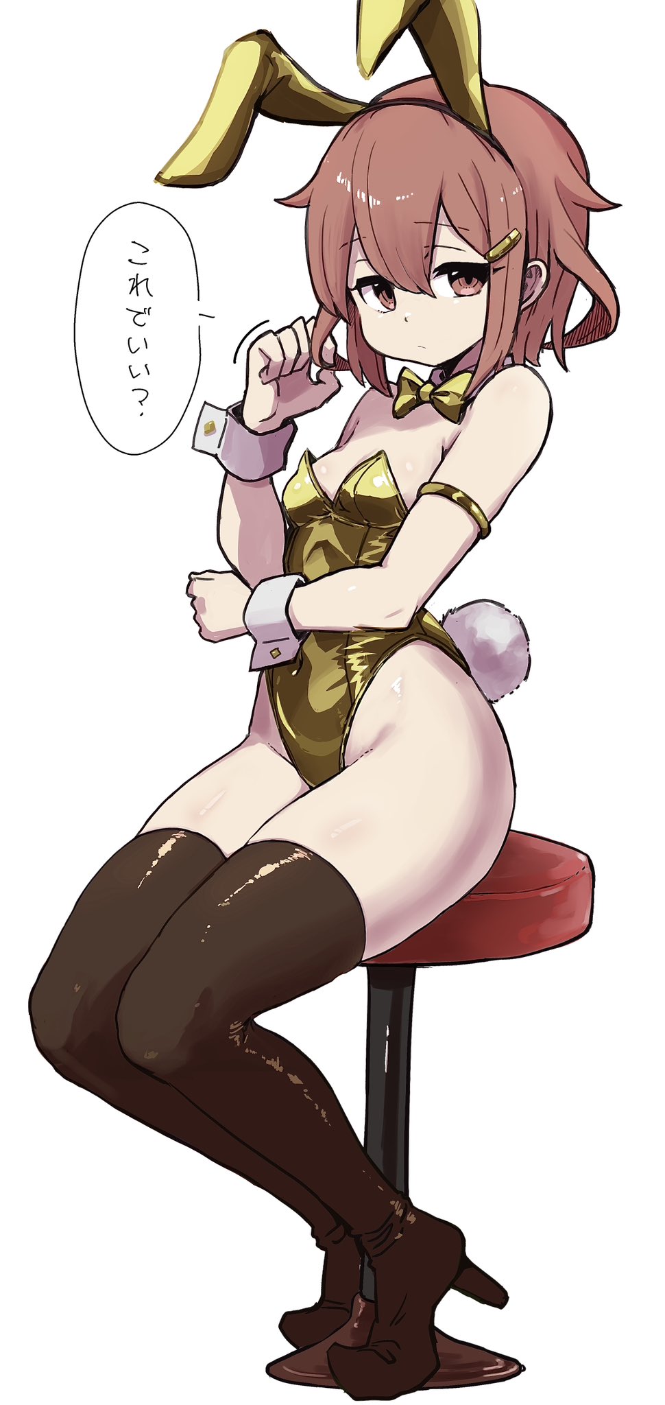 1girl animal_ears bare_shoulders black_thighhighs blush breasts brown_eyes brown_hair chair detached_collar fake_animal_ears gold_bowtie gold_leotard gold_ribbon hair_between_eyes highres ikazuchi_(kancolle) kantai_collection leotard looking_at_viewer playboy_bunny rabbit_ears rabbit_tail short_hair sitting small_breasts solo strapless strapless_leotard tail thighhighs unagiman white_background wrist_cuffs
