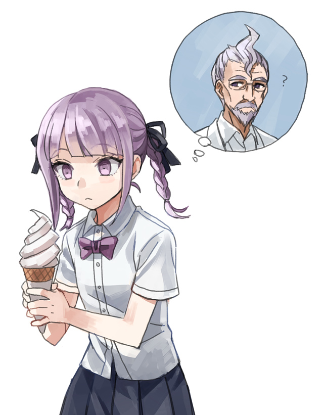 10s 1girl bad_id bad_pixiv_id braid danganronpa_(series) danganronpa_kirigiri food grandfather_and_granddaughter hair_ribbon ice_cream kirigiri_fuhito kirigiri_kyoko long_hair okuragon purple_eyes purple_hair ribbon school_uniform twin_braids