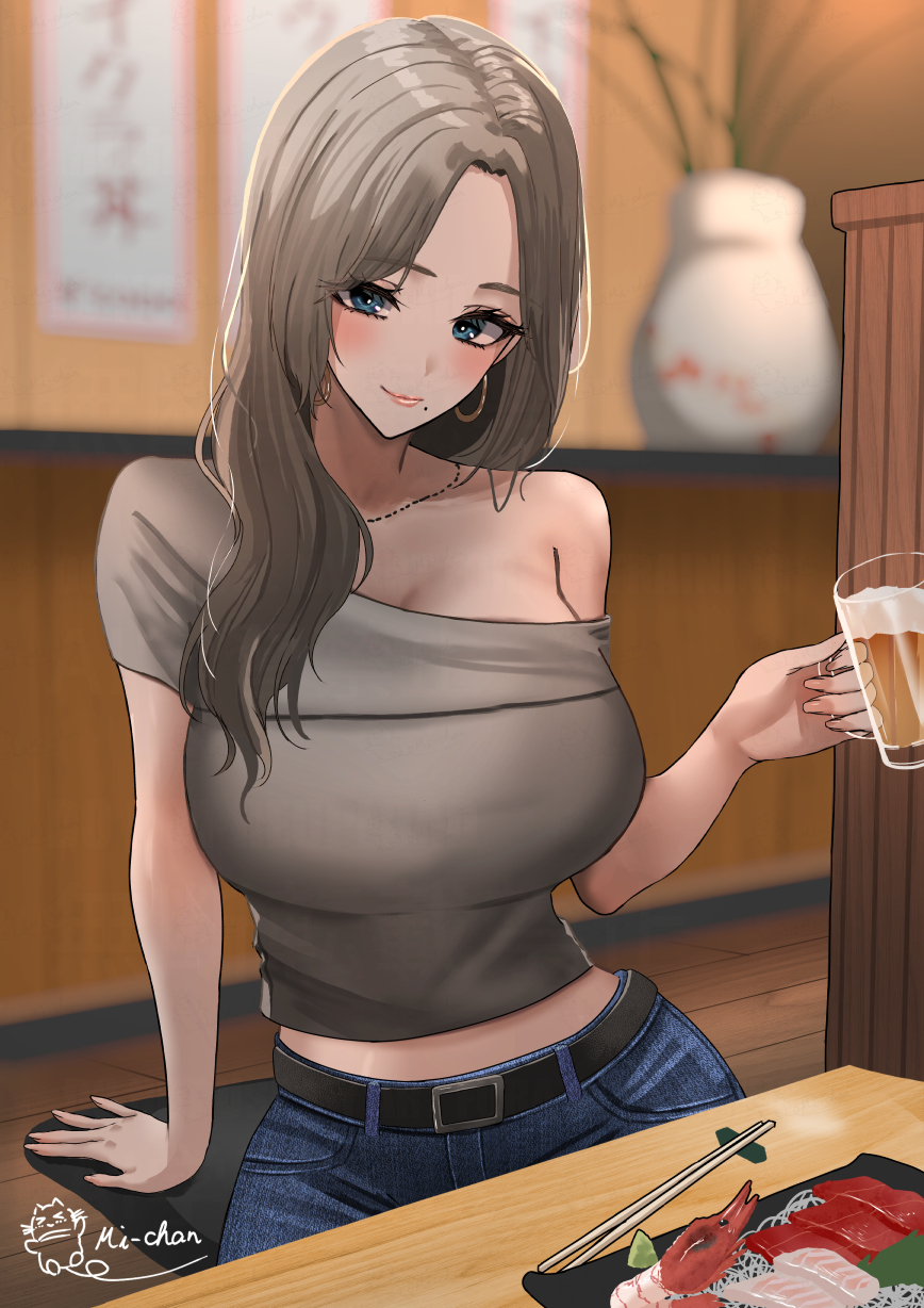 1girl alcohol beer_mug belt blue_eyes blurry blurry_background blush breasts brown_hair chopsticks cup cushion denim earrings food glass_mug grey_shirt hair_over_shoulder hanging_scroll highres holding holding_cup hoop_earrings indoors jewelry large_breasts looking_at_viewer michan127neko mole mole_under_mouth mug necklace off-shoulder_shirt off_shoulder original scroll shirt short_sleeves single_bare_shoulder sitting smile sushi vase