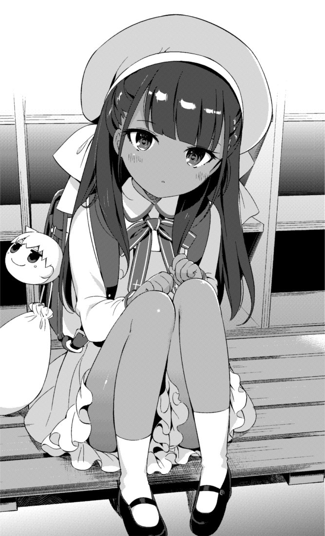 1girl alternate_costume backpack bag bag_charm beret character_charm charm_(object) dark-skinned_female dark_skin fate/strange_fake fate_(series) getabako greyscale hair_ribbon hanabana_tsubomi hat homurabara_academy_school_uniform knees_up long_hair looking_at_viewer mary_janes monochrome pouch randoseru ribbon school_hat school_uniform shoes sitting skirt socks solo stuffed_toy tine_chelc