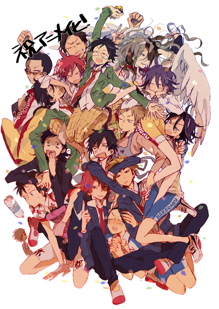 6+boys ahoge angel_wings aoyagi_hajime arakita_yasutomo arm_up biker_clothes black_hair black_jacket black_pants blonde_hair blue_eyes blue_hair blue_overalls blue_shorts blush_stickers bottle bracelet brown_footwear brown_hair character_request check_character clenched_teeth closed_eyes closed_mouth coat collared_shirt confetti covering_own_mouth everyone fang feathered_wings floral_print food food_in_mouth formal_clothes fukutomi_juichi glasses green_jacket grey_hair h_kawa half-closed_eyes hands_on_own_cheeks hands_on_own_face heart heart_in_mouth highres imaizumi_shunsuke ishigaki_koutarou izumida_touichirou jacket jewelry kinjou_shingo kuroda_yukinari loafers long_hair long_sleeves makishima_yuusuke male_focus manami_sangaku midousuji_akira multiple_boys naruko_shoukichi necktie one_eye_closed onoda_sakamichi open_clothes open_jacket open_mouth outstretched_arms overalls pants pinstripe_jacket pinstripe_pants pinstripe_pattern pinstripe_suit plaid_clothes plaid_pants pocky pocky_in_mouth purple_hair red_hair red_necktie red_shirt round_eyewear school_uniform shinkai_hayato shirt shoes short_hair shorts sitting smile sneakers striped suit sweatdrop tadokoro_jin teeth teshima_junta toudou_jinpachi upper_teeth_only v-shaped_eyebrows very_short_hair water_bottle white_background white_footwear white_shirt white_shorts white_wings wings yellow_pants yowamushi_pedal