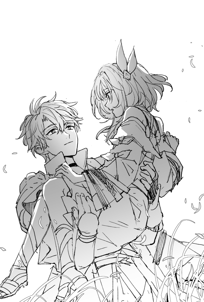 1boy 1girl carrying closed_mouth coat cyrene_(honkai:_star_rail) dress fingerless_gloves gloves hair_ornament highres honkai:_star_rail honkai_(series) kk_(kkgame7733) parted_lips phainon_(honkai:_star_rail) princess_carry short_hair wheat