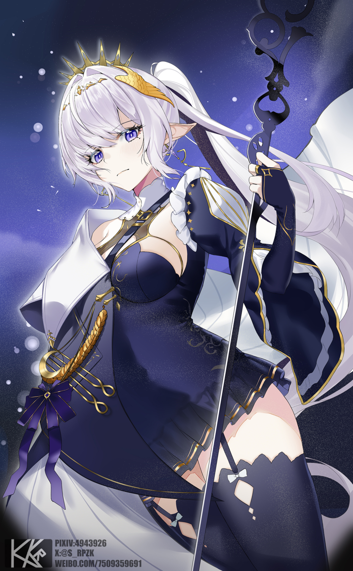 1girl black_bridal_gauntlets black_cape black_dress black_hair black_thighhighs breasts bridal_gauntlets cape closed_mouth commission cowboy_shot diadem dress garter_straps hair_ornament hand_up highres holding holding_staff light_particles long_hair looking_at_viewer multicolored_hair nijisanji pixiv_id pointy_ears ponytail purple_background purple_eyes rhea_(virtuareal) second-party_source short_dress three-quarter_sleeves solo srpzk staff streaked_hair thighhighs twitter_username two-tone_cape very_long_hair virtual_youtuber virtuareal white_cape white_hair wide_sleeves zettai_ryouiki