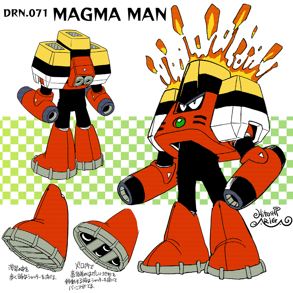 1boy ariga_hitoshi arm_cannon armor artist_name black_bodysuit blue_eyes bodysuit boots character_name checkered_background chest_armor chest_jewel colored_shoe_soles commentary_request concept_art dual_arm_cannons embers fire from_behind full_body gem gradient_background green_background green_gemstone grey_footwear highres humanoid_robot joints knee_boots looking_ahead looking_up magma_man male_focus mega_man_(classic) mega_man_(series) mega_man_9 mega_man_megamix multiple_views no_humans no_mouth red_armor red_footwear reference_sheet robot robot_joints scanlines shoe_soles signature simple_background standing translation_request turnaround weapon white_background
