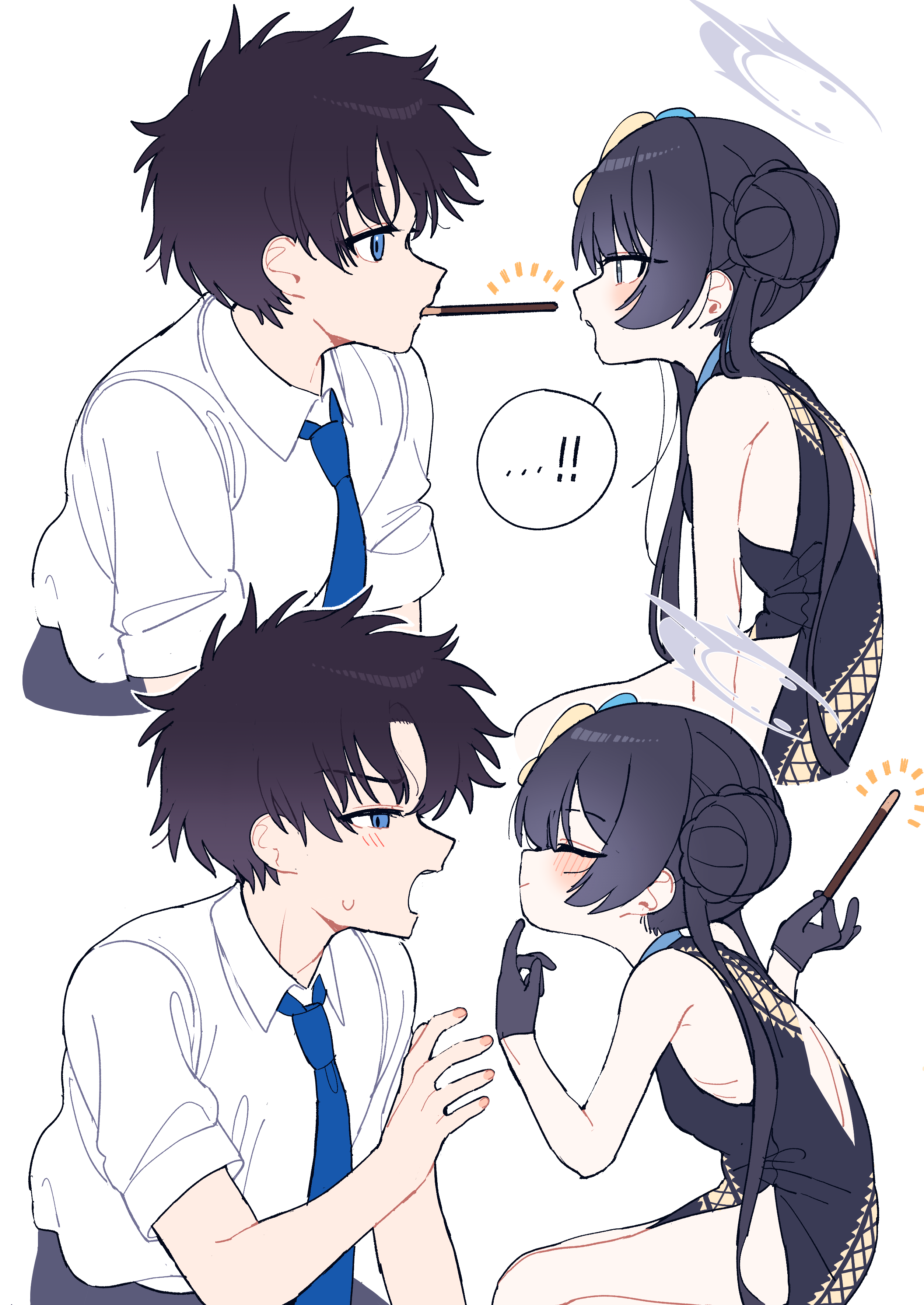! !! 1boy 1girl absurdres back_cutout bare_shoulders black_dress black_gloves black_hair blue_archive blue_eyes blue_necktie blush braid braided_bun butterfly_hair_ornament china_dress chinese_clothes clothing_cutout collared_shirt commentary_request couple cropped_legs curtained_hair dragon_print dress food food_in_mouth gloves grey_eyes grey_halo grey_pants hair_bun hair_ornament halo hetero highres je_o_mo kisaki_(blue_archive) long_hair necktie pants parted_bangs pelvic_curtain pocky pocky_in_mouth pocky_kiss pointing_at_mouth print_dress sensei_(blue_archive) shared_food shirt short_hair short_sleeves side_slit sidelocks simple_background sweatdrop twintails white_background white_shirt