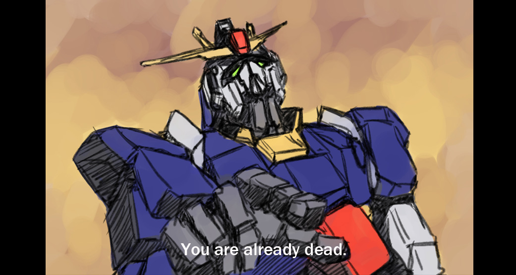 commentary_request desert dust_cloud fake_screenshot green_eyes gundam hokuto_no_ken korean_commentary mecha mobile_suit no_humans parody pointing pointing_at_viewer robot science_fiction sketch upper_body v-fin you_are_already_dead z006 zeta_gundam zeta_gundam_(mobile_suit)