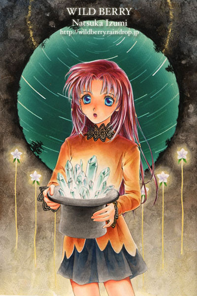 1girl :o artist_name black_skirt blue_eyes commentary_request crystal glowing hands_up hat high_collar holding holding_unworn_clothes holding_unworn_hat izumi_natsuka lace-trimmed_sleeves lace_collar lace_trim long_hair long_sleeves orange_shirt original parted_bangs purple_hair shirt skirt solo star_(sky) star_(symbol) surreal top_hat traditional_media unworn_hat unworn_headwear upper_body