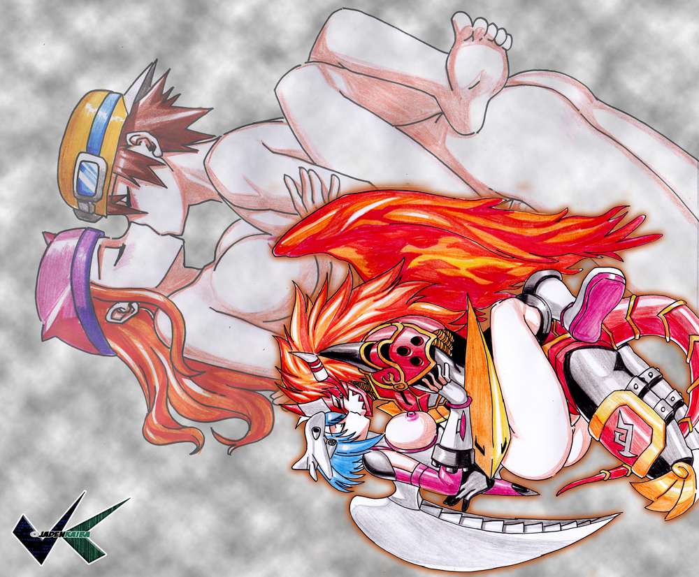 aircraft airplane aldamon barefoot digimon digimon_(creature) digimon_frontier jadenkaiba jetsilphymon kanbara_takuya kiss leg_lock mask missionary nude orimoto_izumi sex short_hair soles