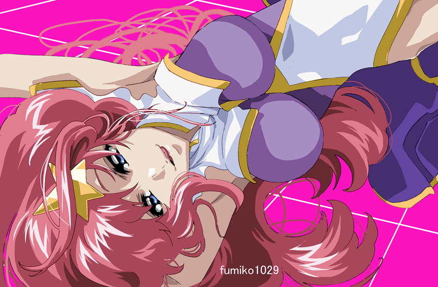1girl armpits artist_name blue_eyes breasts commentary_request fumiko_(mesushi) gundam gundam_seed gundam_seed_destiny hair_ornament highleg highleg_leotard large_breasts leotard long_hair lying meer_campbell multicolored_leotard solo star_(symbol) star_hair_ornament upper_body white_leotard