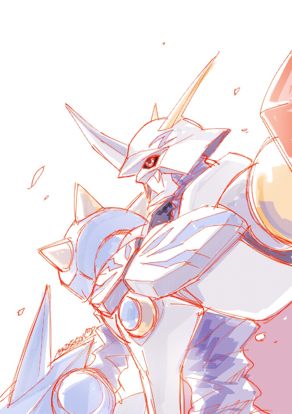 as&#039;maria commentary_request digimon digimon_(creature) green_eyes highres horns mecha omegamon profile robot signature simple_background upper_body white_background