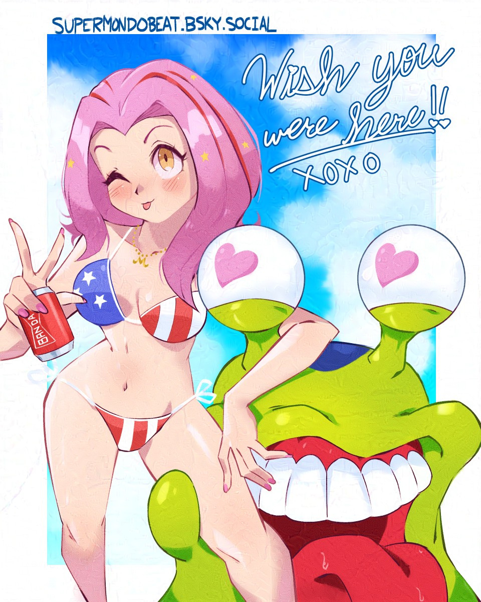 american_flag american_flag_bikini american_flag_print bikini blue_sky blush breasts digimon digimon_(creature) digimon_adventure_02 flag_print flag_print_bikini heart highres jewelry nail_polish necklace numemon pink_hair print_bikini red_eyes sky star_(symbol) supermondobeat swimsuit tachikawa_mimi teeth tongue tongue_out