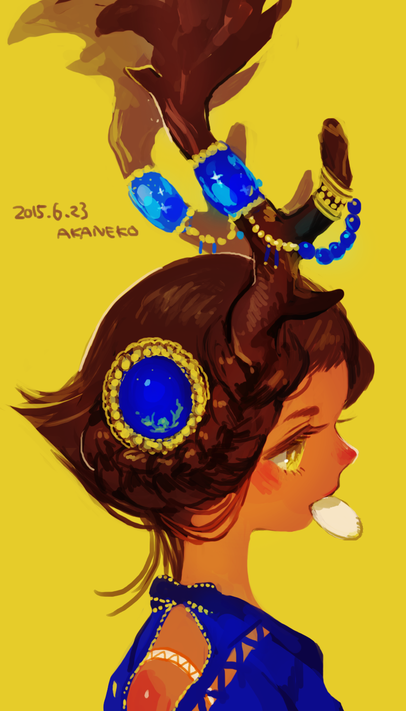 1girl akaneko_(redakanekocat) antler_ornament antlers artist_name blue_sky braid brown_hair clothing_cutout crown_braid dated from_behind hair_ornament highres horns mouth_hold original short_hair shoulder_cutout simple_background sky solo yellow_background yellow_eyes