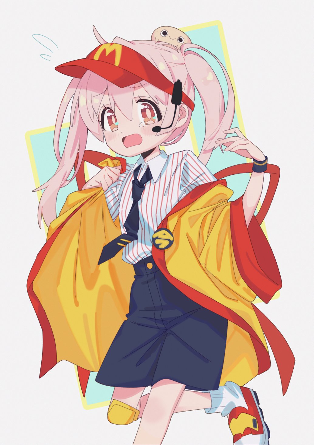 1girl bandaid bandaid_on_knee bandaid_on_leg cosplay imadake_dabuchi_tabemi genderswap genderswap_(mtf) happi headset highres imadake_dabuchi_tabemi_(cosplay) japanese_clothes long_hair looking_at_viewer mcdonald&#039;s mochitsuki_kagami necktie onii-chan_wa_oshimai! open_mouth orange_eyes oyama_mahiro pink_hair shirt shoes shorts sneakers socks solo standing standing_on_one_leg striped_clothes striped_shirt tasuki tears tie_clip twintails vertical-striped_clothes vertical-striped_shirt visor_cap wristband