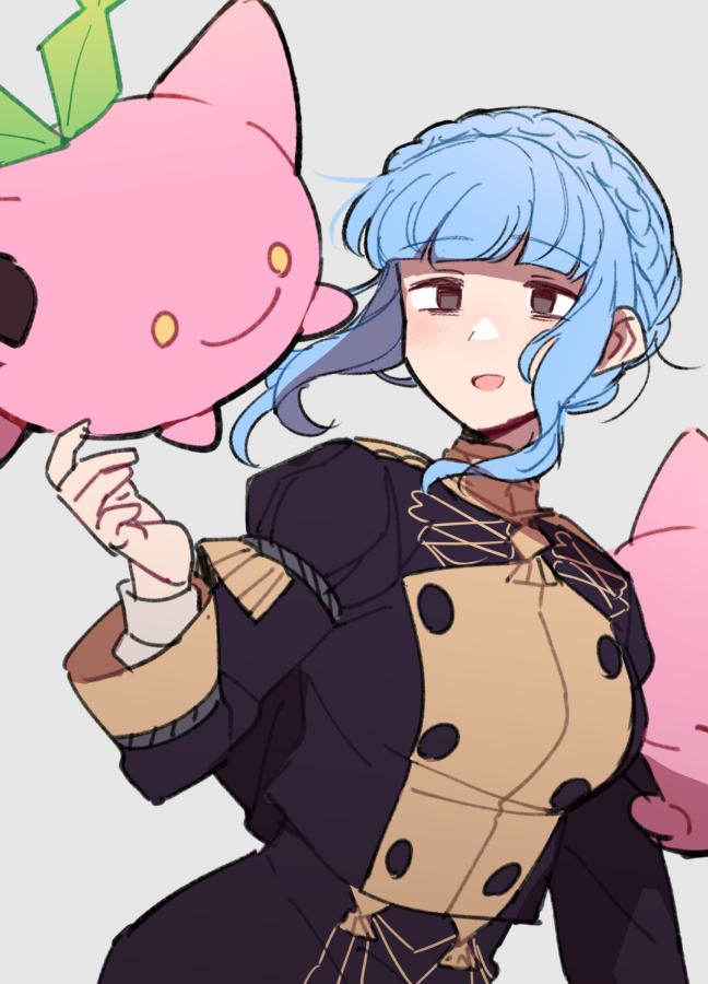 1girl bags_under_eyes blue_hair blunt_bangs blush braid brown_eyes buttons company_connection crossover crown_braid do_m_kaeru fire_emblem fire_emblem:_three_houses floating garreg_mach_monastery_uniform gen_2_pokemon grey_background hoppip long_sleeves marianne_von_edmund nintendo open_mouth pokemon short_hair short_hair_with_long_locks sidelocks simple_background smile
