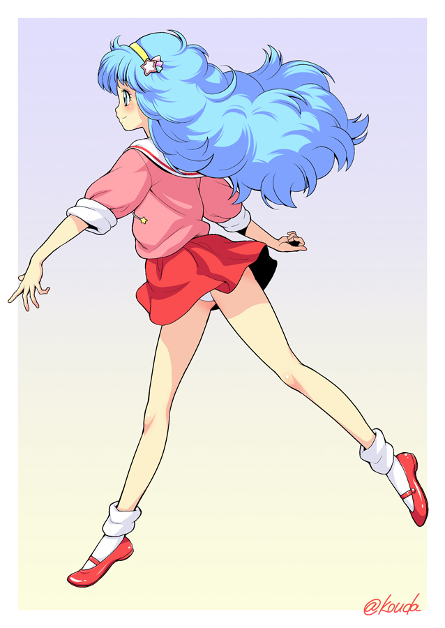 1girl blue_eyes blue_hair blush closed_mouth female_focus from_side full_body gradient_background hairband kouda_tomohiro long_hair mahou_no_yousei_persia mary_janes panties pantyshot persia_(mahou_no_yousei_persia) pink_shirt profile red_shoes red_skirt sailor_collar school_uniform serafuku shirt shoes short_sleeves skirt smile socks solo standing standing_on_one_leg twitter_username underwear walking white_panties white_socks