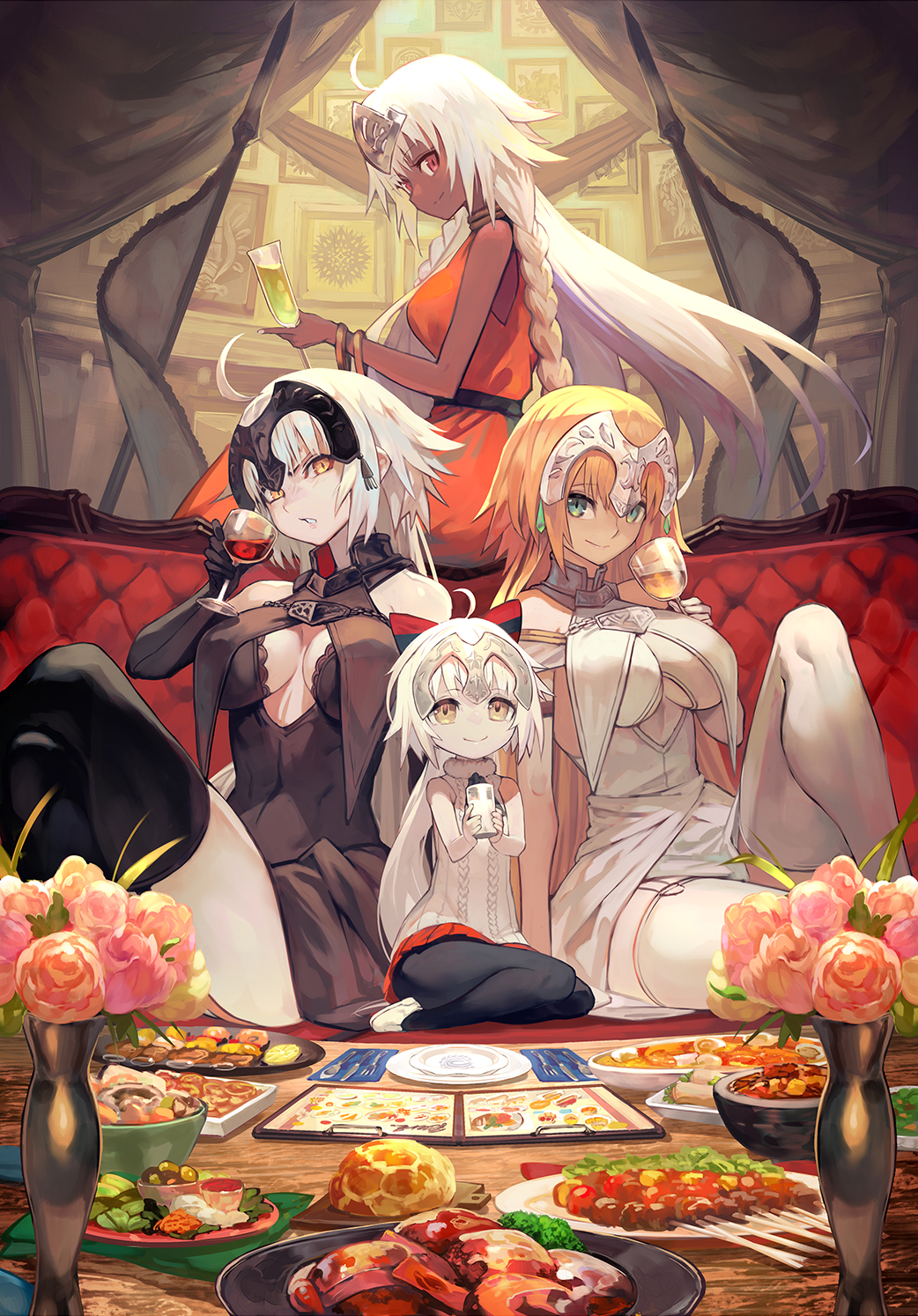4girls ahoge blonde_hair blue_eyes braid bread breasts brown_eyes champagne_flute commentary_request couch cup curtains cutlery dark-skinned_female dark_skin drinking_glass fate/apocrypha fate/grand_order fate_(series) flag flower_pot food highres jeanne_d&#039;arc_(fate) jeanne_d&#039;arc_(ruler)_(fate) jeanne_d&#039;arc_alter_(avenger)_(fate) jeanne_d&#039;arc_alter_(fate) jeanne_d&#039;arc_alter_santa_lily_(fate) lack lakshmibai_(fate) large_breasts crossed_legs long_hair meat menu milk multiple_girls pantyhose plate sitting sleeveless sleeveless_turtleneck smile thighhighs turtleneck white_hair wine_glass yellow_eyes