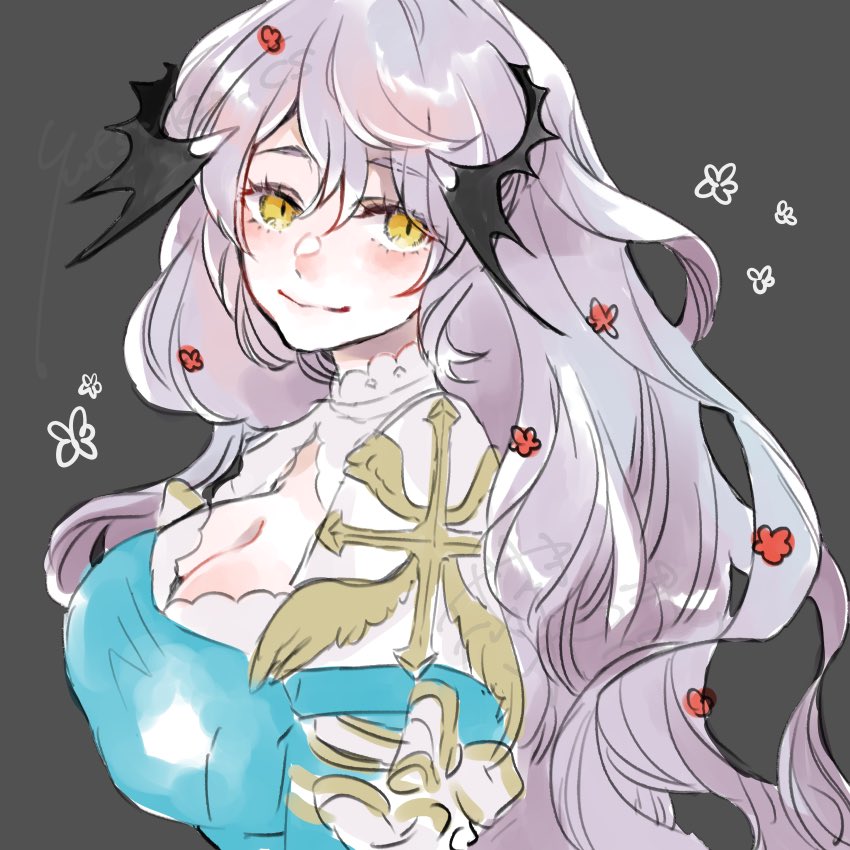 1girl black_wings blue_dress blush breasts cardinal_(ragnarok_online) cleavage cleavage_cutout closed_mouth clothing_cutout commentary_request dress fake_wings golden_wings head_wings large_breasts long_hair looking_at_viewer looking_to_the_side purple_hair ragnarok_online simple_background smile solo two-tone_dress upper_body white_dress wings yellow_eyes yutsuki