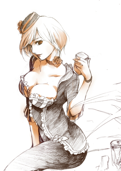 1girl breasts cleavage dress female_focus flower hat meiko_(lorelei)_(vocaloid) meiko_(vocaloid) project_diva project_diva_(series) project_diva_extend rose short_hair sketch solo toyu vocaloid