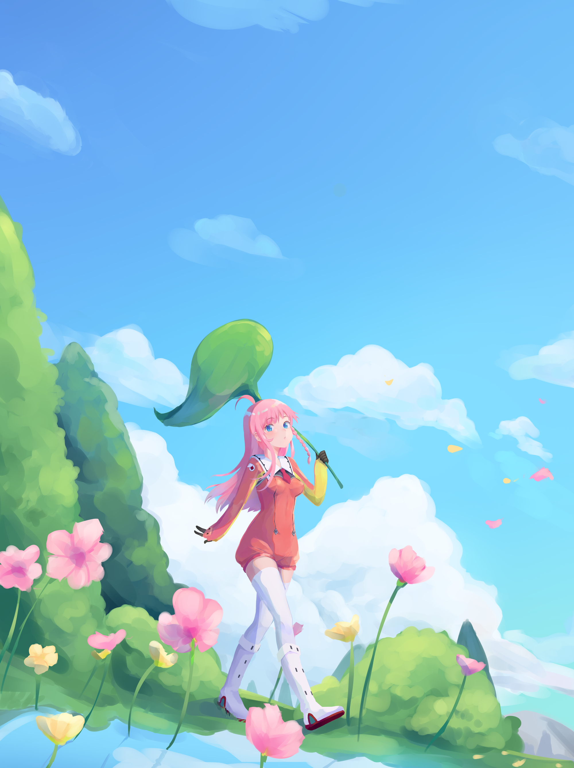 1girl absurdres ahoge black_gloves blue_eyes blue_sky blush bodysuit boots braid breasts closed_mouth cloud cloudy_sky comfycal commentary cross-shaped_pupils day dutch_angle falling_petals flower full_body gloves highres holding impossible_clothes legs long_hair long_sleeves medium_breasts necktie nono_(top_wo_nerae_2!) outdoors petals pink_flower pink_hair red_bodysuit red_necktie romaji_commentary sailor_collar sky solo symbol-shaped_pupils thighhighs top_wo_nerae!_(series) top_wo_nerae_2! tree white_boots white_thighhighs yellow_flower zettai_ryouiki