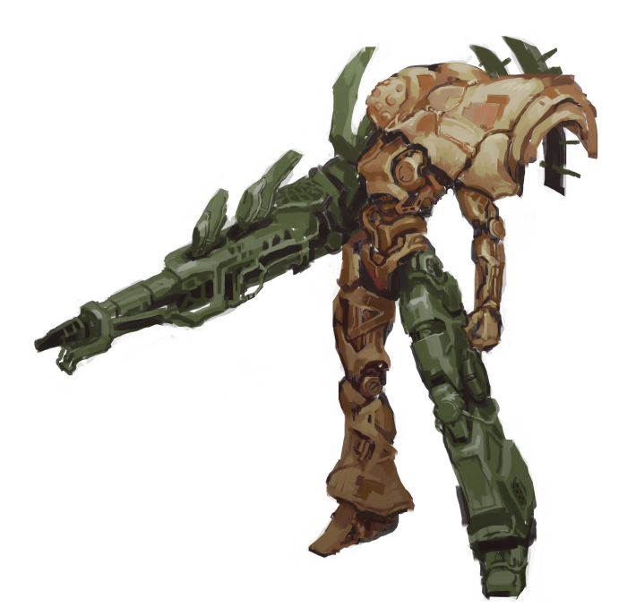 arm_cannon armor asymmetrical_armor biomechanical brown_armor commentary concept_art cypressdahlia english_commentary faceless grey_armor gun humanoid_robot joints mecha mechabare original robot robot_joints science_fiction shoulder_armor solo weapon white_background