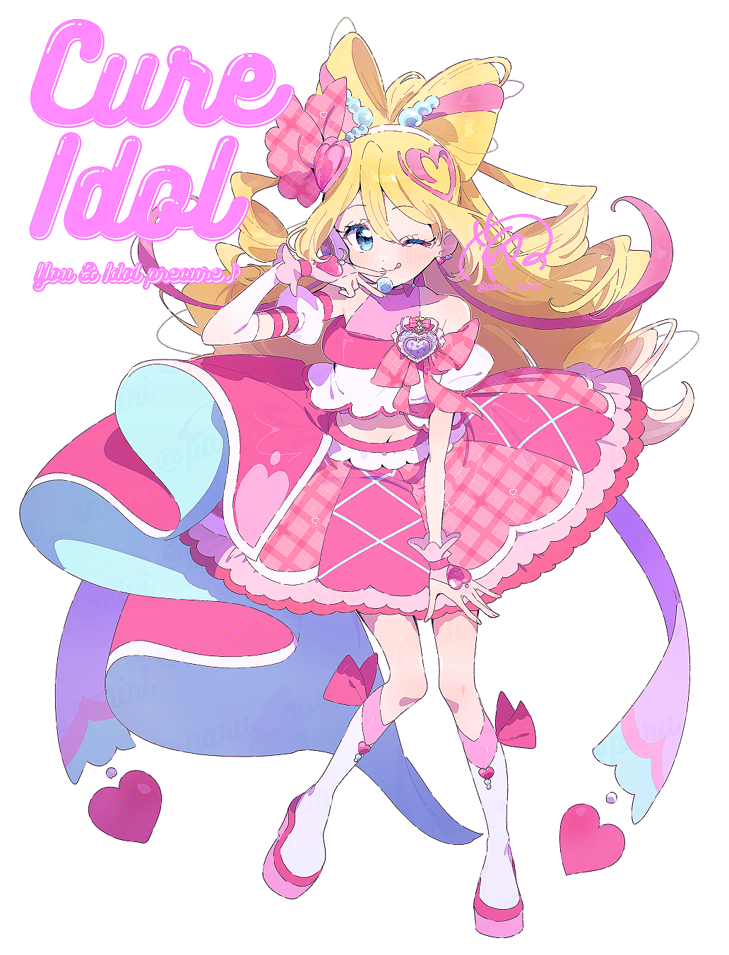 1girl ;q arm_ribbon bare_shoulders blonde_hair blue_eyes boots bow bow-shaped_hair character_name closed_mouth commentary copyright_name cropped_shirt cross-laced_clothes cross-laced_skirt cure_idol detached_sleeves dot_nose eyelashes fingernails footwear_bow frilled_skirt frilled_wrist_cuffs frills full_body hair_between_eyes hair_bow hair_ornament hair_ribbon hairband happy headset heart heart_hair_ornament highres kimi_to_idol_precure knee_boots layered_shirt light_blush long_hair looking_at_viewer midriff miniskirt navel one_eye_closed paru_rari pink_bow pink_ribbon pink_shirt pink_skirt pink_wrist_cuffs plaid_bow plaid_clothes plaid_skirt ponytail precure puffy_short_sleeves puffy_sleeves ribbon sakura_uta_(precure) shirt short_sleeves signature simple_background skirt sleeveless sleeveless_shirt smile solo standing strapless strapless_shirt tareme tongue tongue_out twitter_username very_long_hair wavy_hair white_background white_boots white_hairband white_shirt white_sleeves wrist_cuffs