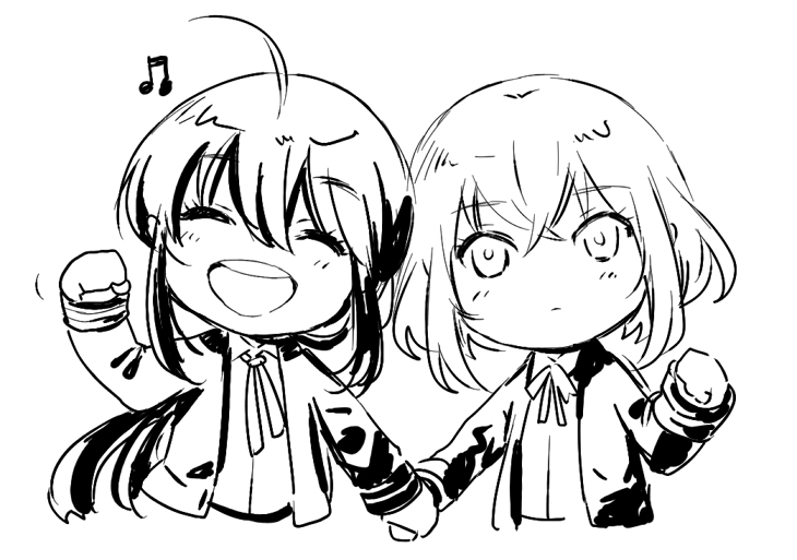 2boys ^_^ ahoge chibi clenched_hand closed_eyes collared_shirt cropped_torso greyscale holding_hands honebami_toushirou male_focus mizuhara_aki monochrome multiple_boys namazuo_toushirou open_mouth ponytail shirt smile touken_ranbu