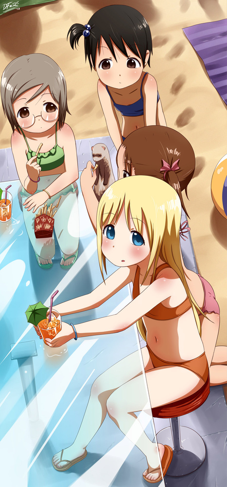 4girls ana_coppola animal bikini black_hair blanket blonde_hair blue_eyes bow braid brown_hair chair feeding flip-flops food footprints french_fries glass glasses grey_hair ichigo_mashimaro idfer itou_chika john juice matsuoka_miu multiple_girls sakuragi_matsuri sand sandals see-through_clothes shiny_skin single_braid straw swimsuit table umbrella