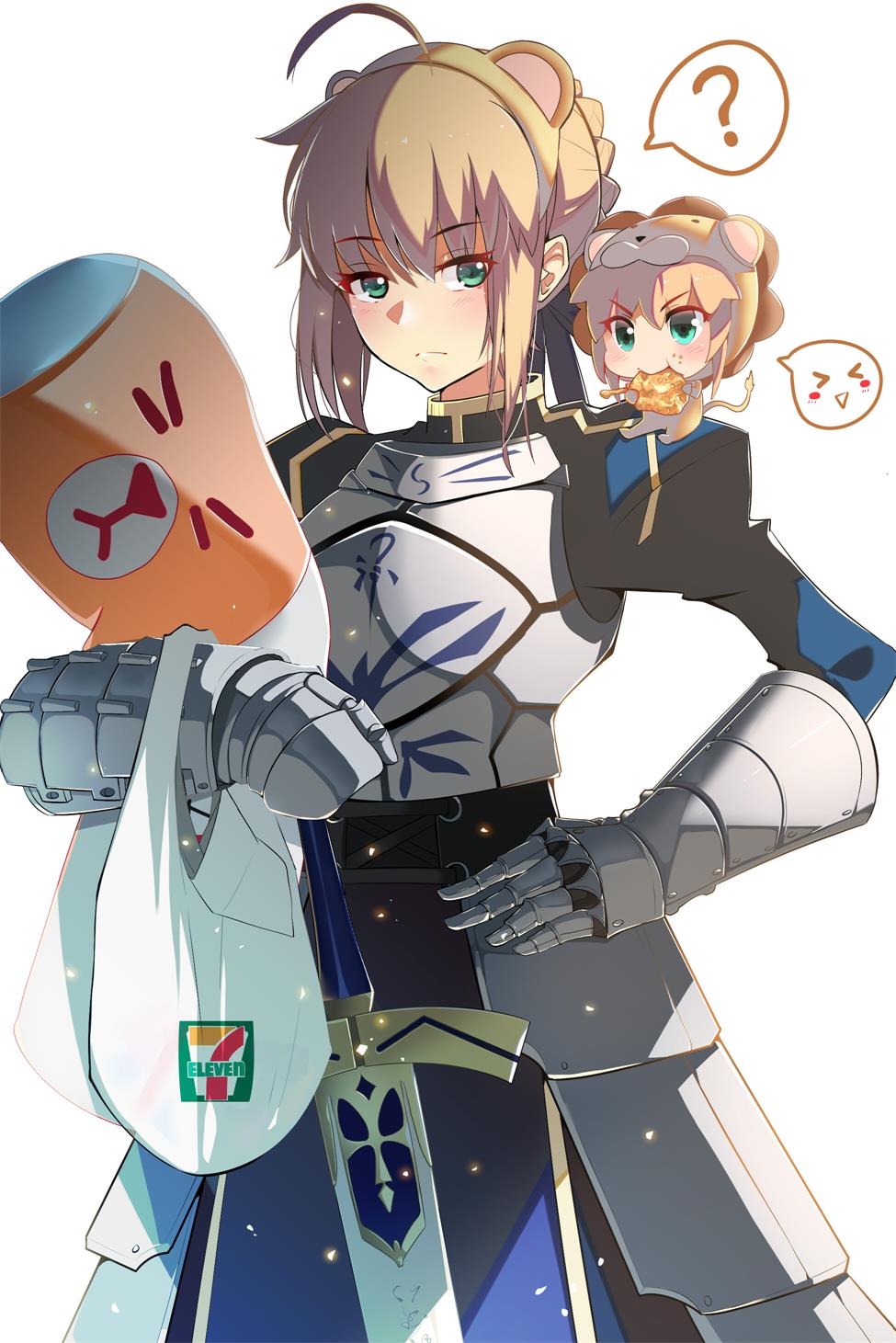 &gt;_&lt; 2girls ? ahoge animal_costume animal_ears armor artoria_pendragon_(fate) bag blonde_hair blue_dress blue_ribbon braid breastplate brown_hairband chibi closed_mouth commentary company_name dress eating excalibur_(fate/stay_night) fake_animal_ears fate/stay_night fate/tiger_colosseum fate_(series) faulds food food_on_face french_braid gauntlets gold_trim green_eyes hair_ribbon hairband hand_on_hilt hand_on_own_hip highres holding holding_bag juliet_sleeves light_particles lion_costume logo long_sleeves looking_at_viewer lucky_(1045044604) meat multiple_girls on_shoulder puffy_sleeves ribbon saber_(fate) saber_lion shopping_bag short_hair sidelocks simple_background spoken_expression spoken_face spoken_question_mark standing v-shaped_eyebrows v-shaped_eyes white_background