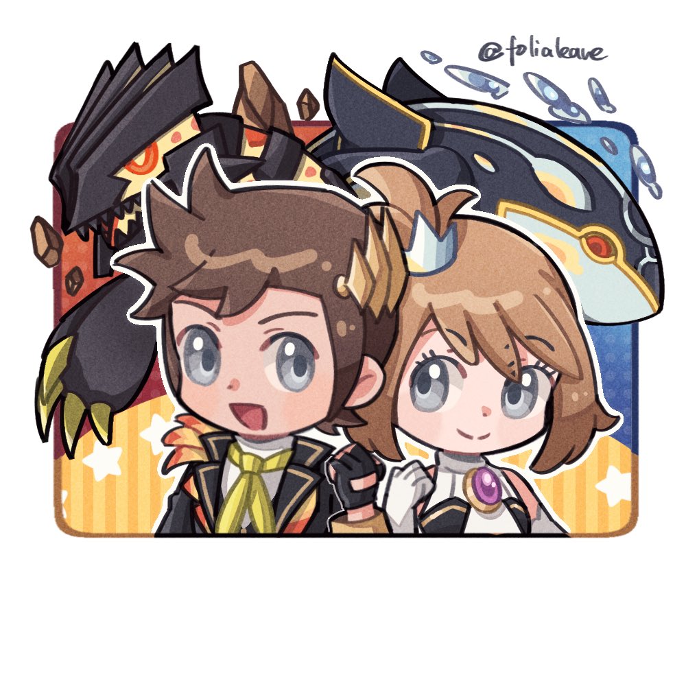 1boy 1girl :d alternate_color black_gloves brendan_(champion)_(pokemon) brendan_(pokemon) brown_hair clenched_hand closed_mouth fingerless_gloves folialeave gen_3_pokemon gloves grey_eyes groudon kyogre legendary_pokemon looking_at_another may_(champion)_(pokemon) may_(pokemon) nintendo official_alternate_costume open_mouth pokemon pokemon_(creature) pokemon_masters_ex primal_groudon primal_kyogre shiny_pokemon short_hair smile twitter_username upper_body white_gloves