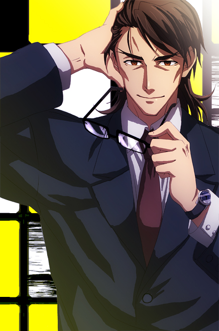 1boy brown_eyes brown_hair unworn_eyewear fate/tiger_colosseum fate_(series) formal_clothes glasses hogehoge0710 holding holding_removed_eyewear kotomine_kirei male_focus necktie solo suit