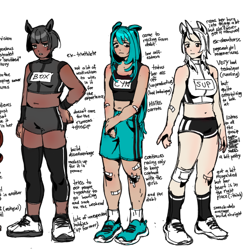 3girls animal_ears bandaid bandaid_on_arm bandaid_on_knee bandaid_on_leg bare_shoulders black_hair black_leg_warmers black_shirt black_shorts black_stripes blue_hair blue_shoes blue_shorts crop_top cyan_(horse_race_tests) downtown_skybox english_text horse_ears horse_girl horse_race_tests leg_warmers long_hair looking_at_viewer looking_down mars_(rotyolk) medium_hair midriff multiple_girls navel reference_sheet shirt shoes short_hair shorts simple_background sleeveless sleeveless_shirt standing striped_clothes striped_shirt striped_shorts superstitional_realism unicorn_horn vertical-striped_clothes vertical-striped_shirt vertical-striped_shorts white_background white_hair white_shirt white_shoes