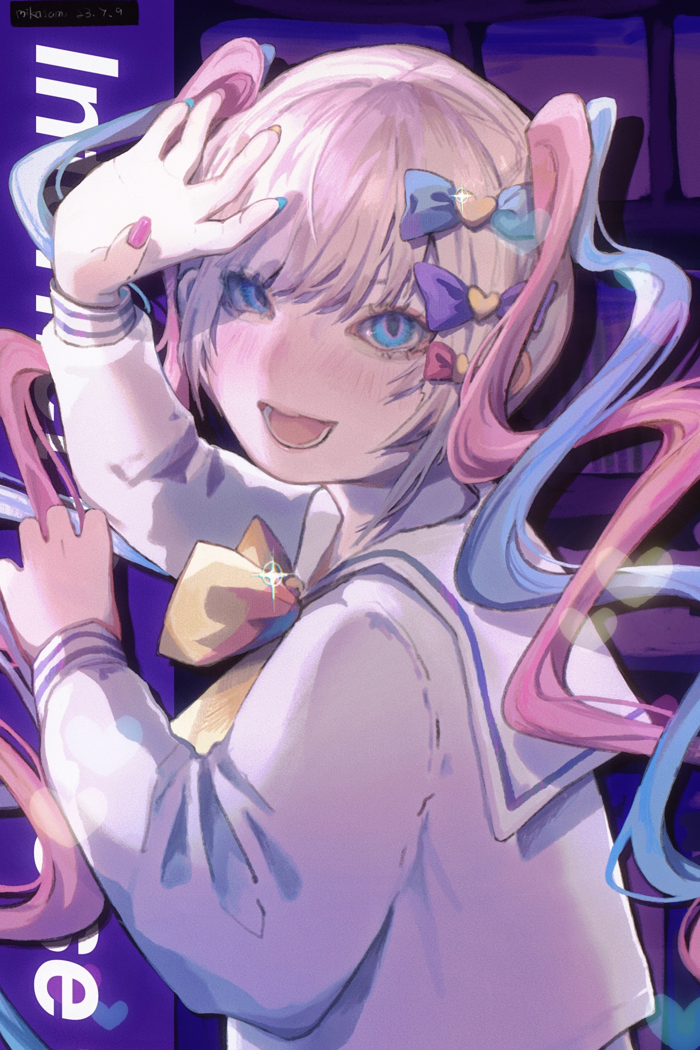 1girl abstract_background absurdres aegyo_sal arm_up artist_name blonde_hair blue_bow blue_eyes blue_hair blush bow bowtie chouzetsusaikawa_tenshi-chan commentary drop_shadow english_commentary glint hair_bow hands_up highres internet_overdose looking_to_the_side mikasamu multicolored_eyes multicolored_nails multiple_hair_bows needy_girl_overdose pink_bow pink_eyes pink_hair purple_background purple_bow quad_tails school_uniform serafuku smile solo song_name upper_body white_serafuku yellow_bow yellow_bowtie