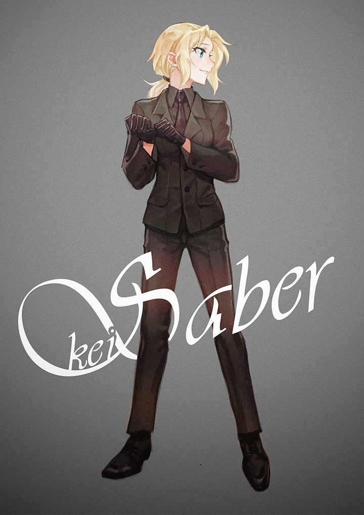 1girl artoria_pendragon_(fate) black_gloves black_suit blonde_hair blue_eyes breasts cosplay dress_shoes fate/zero fate_(series) formal_clothes full_body girls_und_panzer gloves grin kawasumi_ayako kay_(girls_und_panzer) looking_away low_ponytail medium_breasts necktie pant_suit pants parted_bangs ponytail profile saber_(fate) saber_(fate)_(cosplay) simple_background smile solo soramame_(corndog) standing suit voice_actor_connection