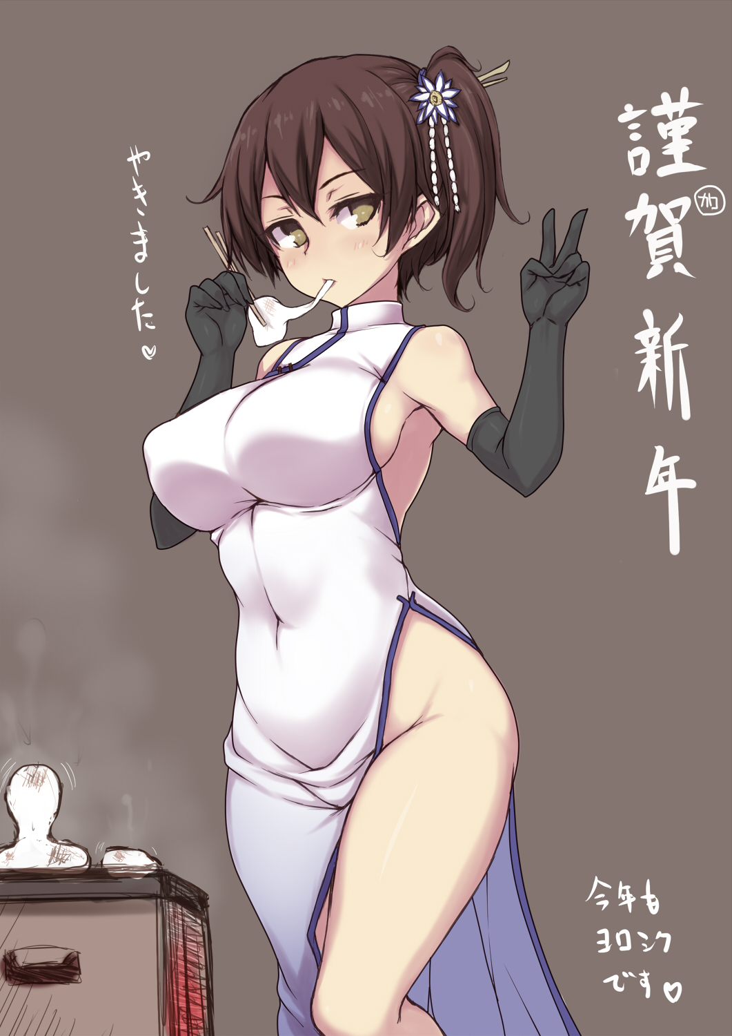 10s 1girl alternate_costume bare_hips black_gloves breasts brown_eyes brown_hair china_dress chinese_clothes chopsticks covered_navel dress eating elbow_gloves female_focus food gloves hair_ornament hair_stick highres jema kaga_(kancolle) kantai_collection large_breasts looking_at_viewer mochi no_panties short_hair side_slit sideboob solo translated v wagashi