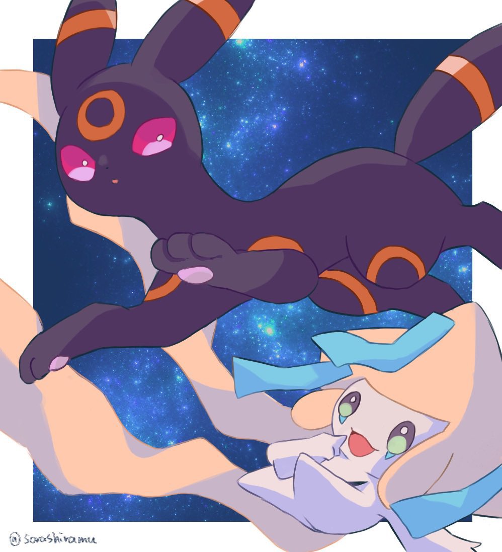 check_commentary colored_skin commentary_request floating gen_2_pokemon gen_3_pokemon green_eyes jirachi legendary_pokemon mythical_pokemon nintendo no_humans open_mouth pokemon pokemon_(creature) red_eyes smile sorashiramu twitter_username umbreon white_skin