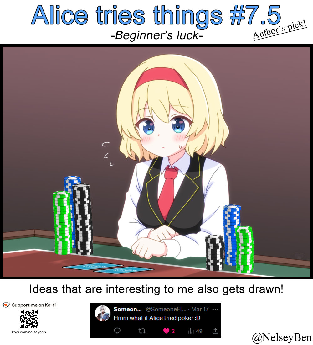 1girl alice_margatroid alternate_costume black_vest blonde_hair blue_eyes blush bnelsey closed_mouth collared_shirt commentary english_commentary english_text flying_sweatdrops hairband ko-fi_logo medium_hair poker_chip poker_table qr_code red_hairband request_inset screenshot_inset shirt solo sweatdrop table touhou twitter_username vest watermark web_address white_shirt