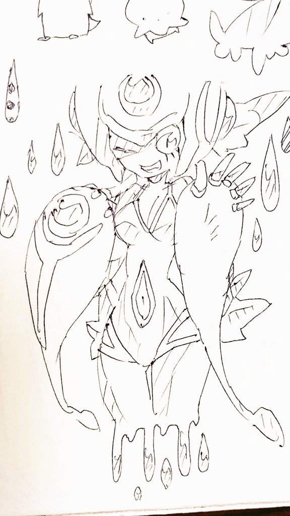 digimon digimon_(creature) fins frog_girl fujihana_(mugenpixel) head_fins helmet looking_at_viewer monochrome monster_girl one_eye_closed ranamon smile teeth water