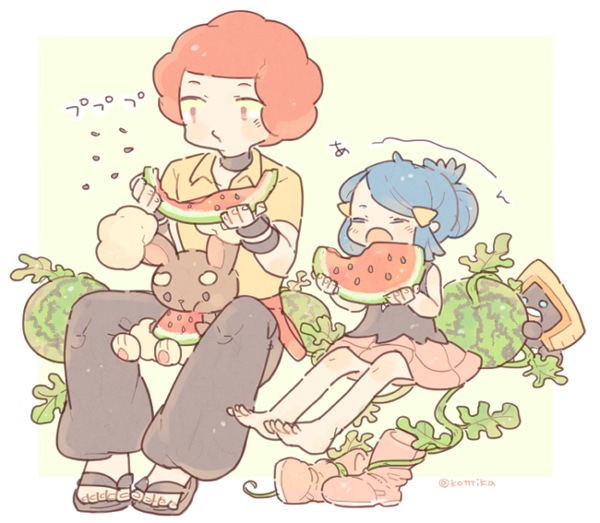 1boy 1girl afro bare_legs barefoot black_choker black_footwear black_pants black_tank_top blue_hair boots buneary choker closed_eyes collared_shirt dawn_(pokemon) flint_(pokemon) food fruit gen_3_pokemon gen_4_pokemon hair_up holding holding_food holding_fruit holding_watermelon katiko miniskirt nintendo no_nose no_socks pants pink_boots pink_eyes pokemon pokemon_(creature) pokemon_dppt red_hair sandals shirt short_hair short_sleeves sitting skirt snorunt tank_top twitter_username unworn_boots watermelon watermelon_slice yellow_shirt