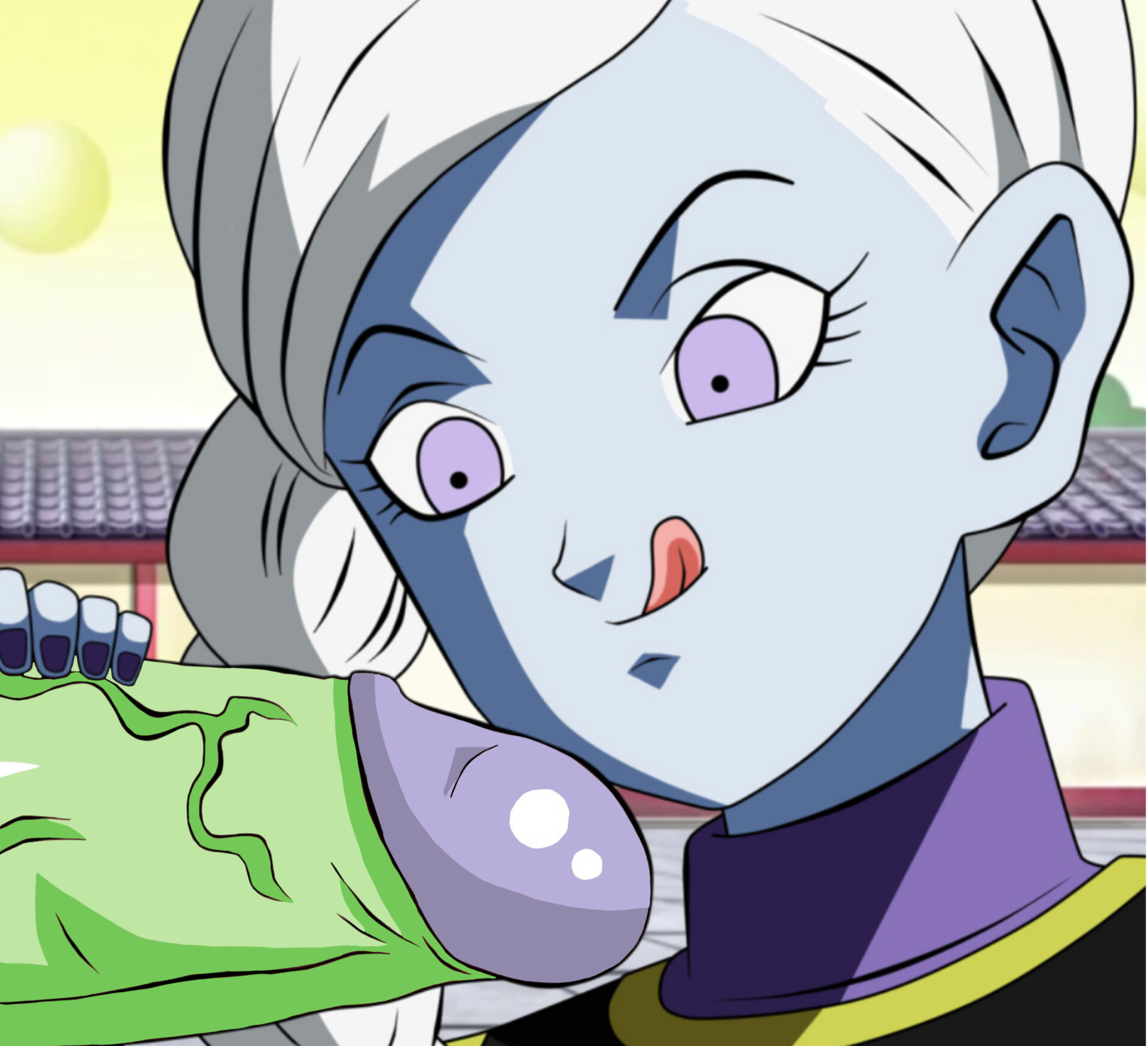 1boy 1girl absurdres artist_request colored_skin cus dragon_ball dragon_ball_super erection green_skin handjob handjob_gesture hetero highres kaioshin long_hair penis sexually_suggestive white_hair zamasu