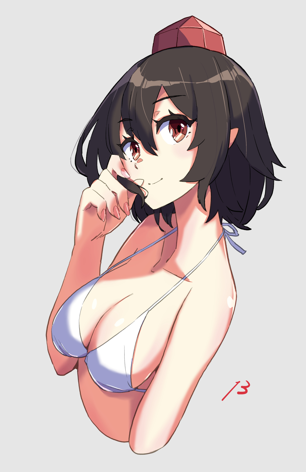 1girl bikini black_hair breasts cleavage closed_mouth collarbone cropped_torso grey_background halterneck hat highres jack_(wkm74959) looking_at_viewer medium_breasts one-hour_drawing_challenge playing_with_own_hair pointy_ears red_eyes red_hat shameimaru_aya simple_background solo swimsuit tokin_hat touhou white_bikini