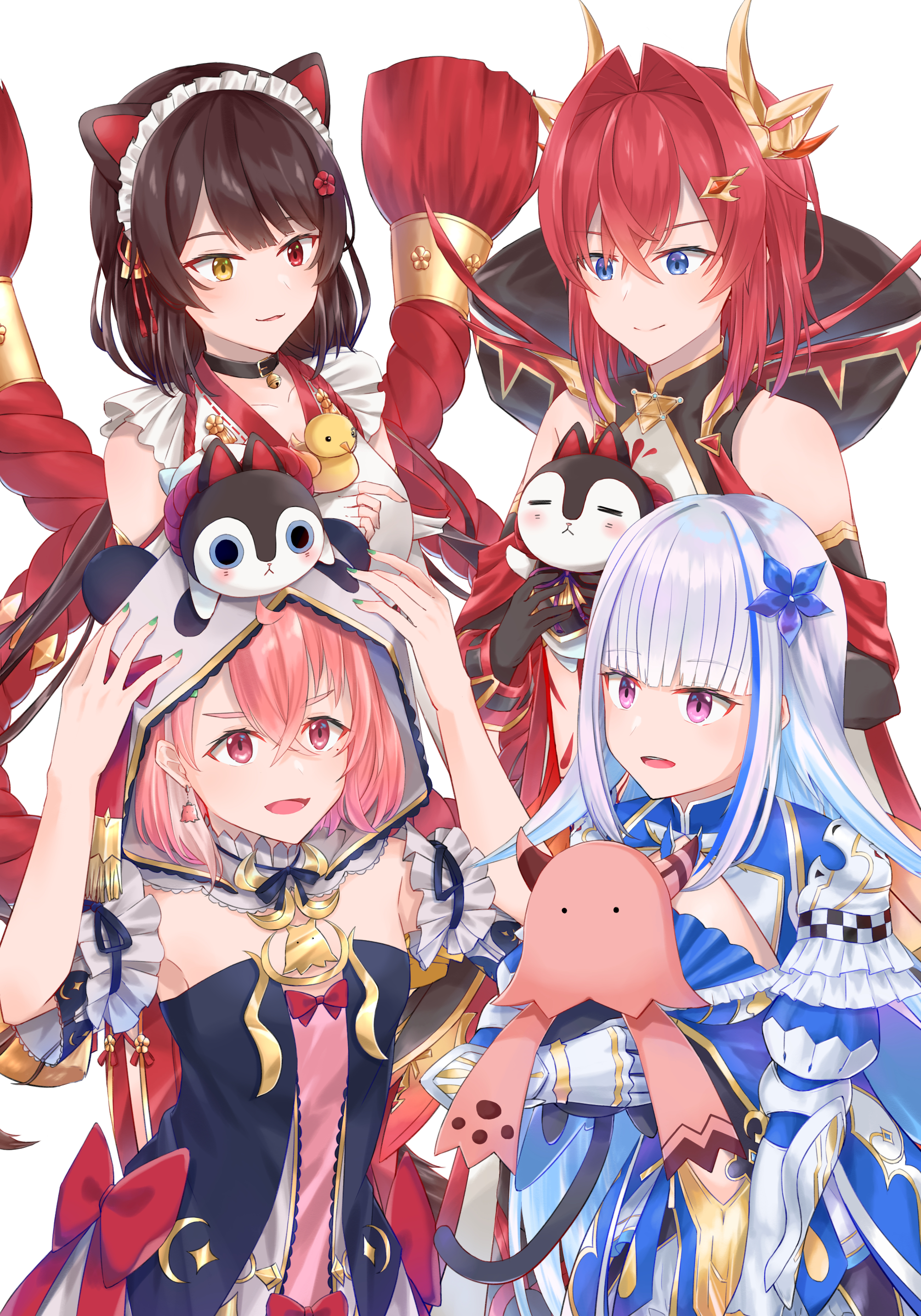 4girls :d =_= absurdres ahoge ange_katrina ange_katrina_(valkyrie_hero) animal animal_ears animal_hood animal_on_head arm_guards arms_up banken_(inui_toko) bare_shoulders bell bird bird_on_hand black_collar black_dress black_gloves blue_dress blue_eyes blue_flower blue_hair blunt_bangs blush bow breasts brown_hair cleavage_cutout closed_mouth clothing_cutout collar commentary_request creature crossed_bangs detached_hood detached_sleeves dog_ears dress fingerless_gloves flower frilled_dress frills gauntlets gloves green_nails hair_between_eyes hair_flower hair_intakes hair_ornament heterochromia highres holding holding_creature hood hood_up inui_toko inui_toko_(valkyrie_hero) lize_helesta lize_helesta_(valkyrie_hero) long_hair looking_at_animal looking_at_another looking_down maid_headdress medium_hair mikaze_raika multicolored_hair multiple_girls nail_polish neck_bell nijisanji on_head open_mouth panda_hood pink_eyes pink_hair purple_eyes red_bow red_eyes red_hair rope sasaki_saku sasaki_saku_(valkyrie_hero) sebastian_piyodore shimenawa short_sleeves sidelocks simple_background small_breasts smile strapless strapless_dress streaked_hair swept_bangs two-tone_hair virtual_youtuber white_background white_gloves white_hair white_headdress white_sleeves yellow_bird yellow_eyes