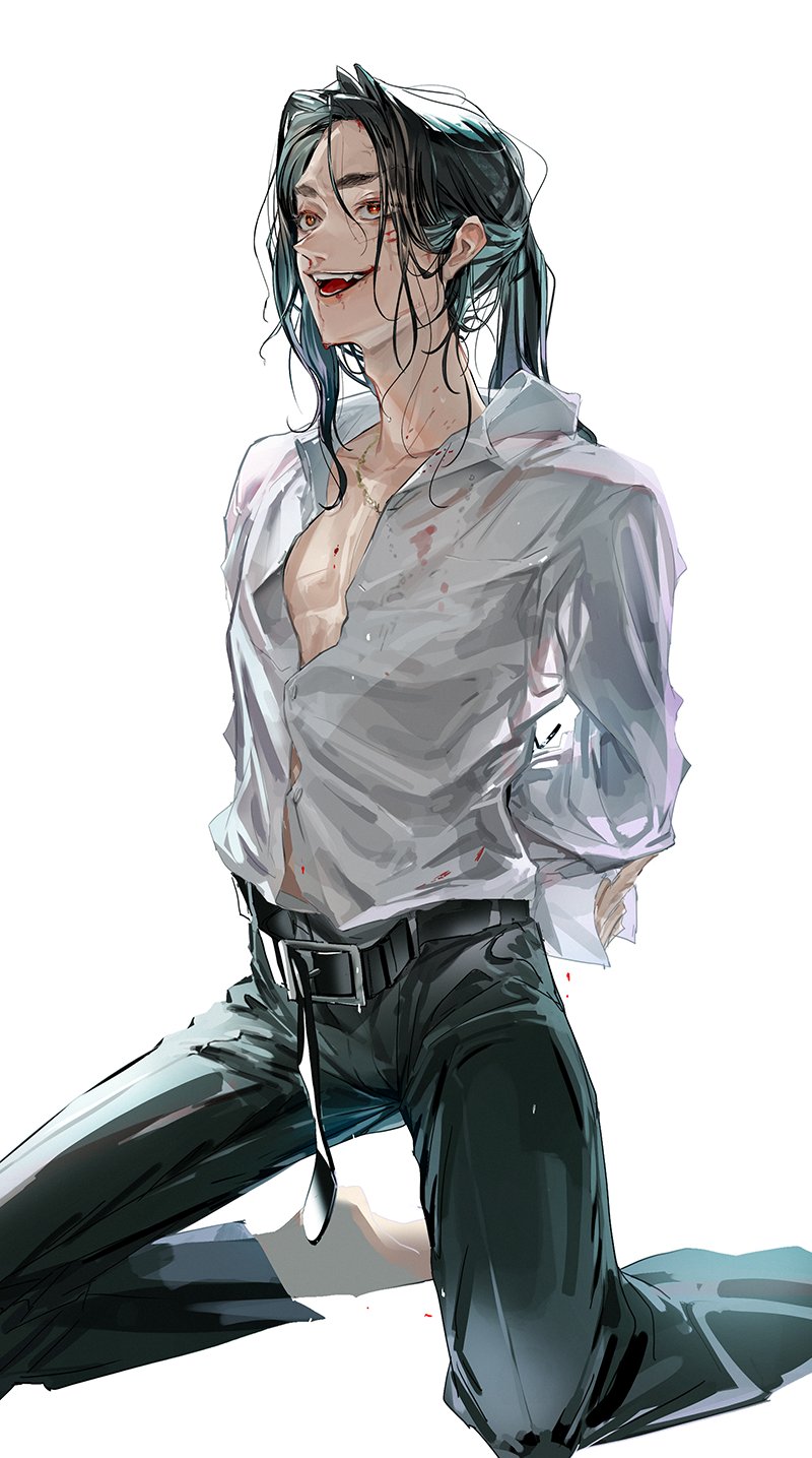 1boy arms_behind_back baji_keisuke barefoot belt black_belt black_hair black_pants blood blood_from_mouth blood_on_clothes blood_on_face fang highres kneeling long_hair looking_afar loose_belt low_ponytail miyuki_nknk naked_shirt open_clothes open_mouth open_shirt pants ponytail shirt solo tokyo_revengers white_background white_shirt