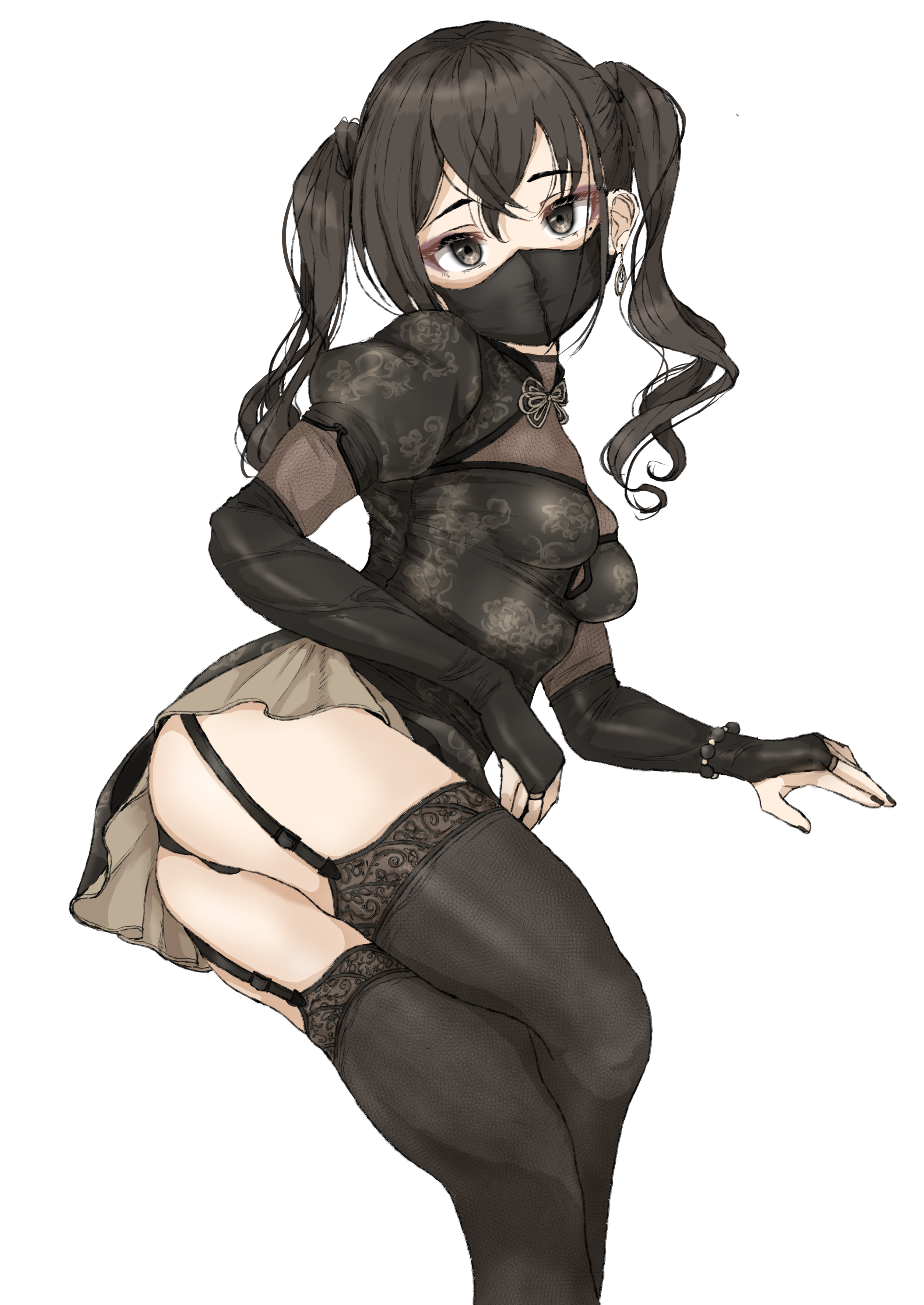 1girl absurdres ass black_hair black_mask black_panties china_dress chinese_clothes choker commentary curly_hair dress earrings fingerless_gloves garter_belt garter_straps gatsby_ssl gloves hazel_eyes highres idolmaster idolmaster_cinderella_girls jewelry looking_at_viewer mask miniskirt mouth_mask nail_polish panties skirt solo sunazuka_akira thighhighs twintails underwear white_background